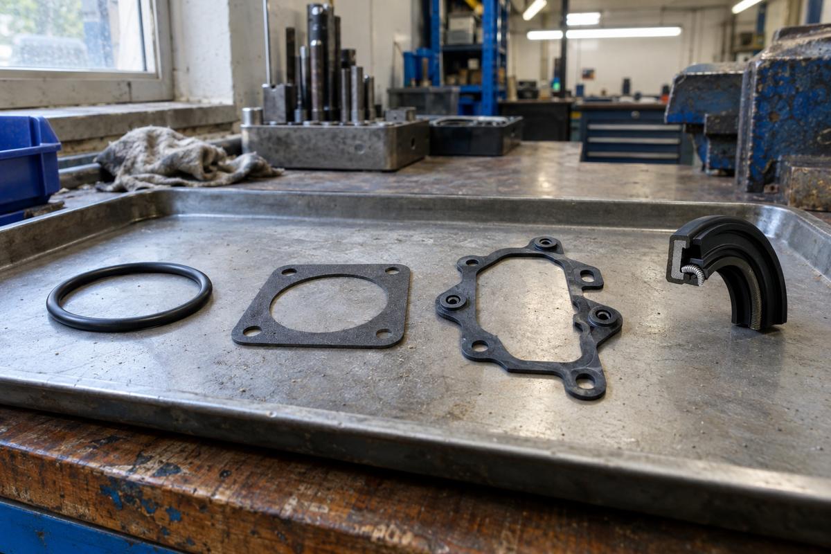 O-ring, flat gasket, bespoke gasket and lip seal on bench