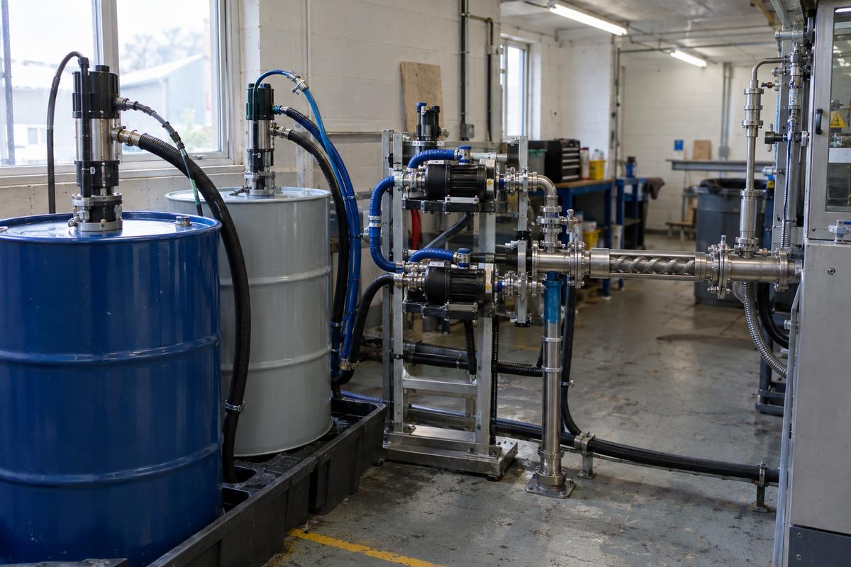 Two-part LSR feed system with pumps, hoses and static mixer