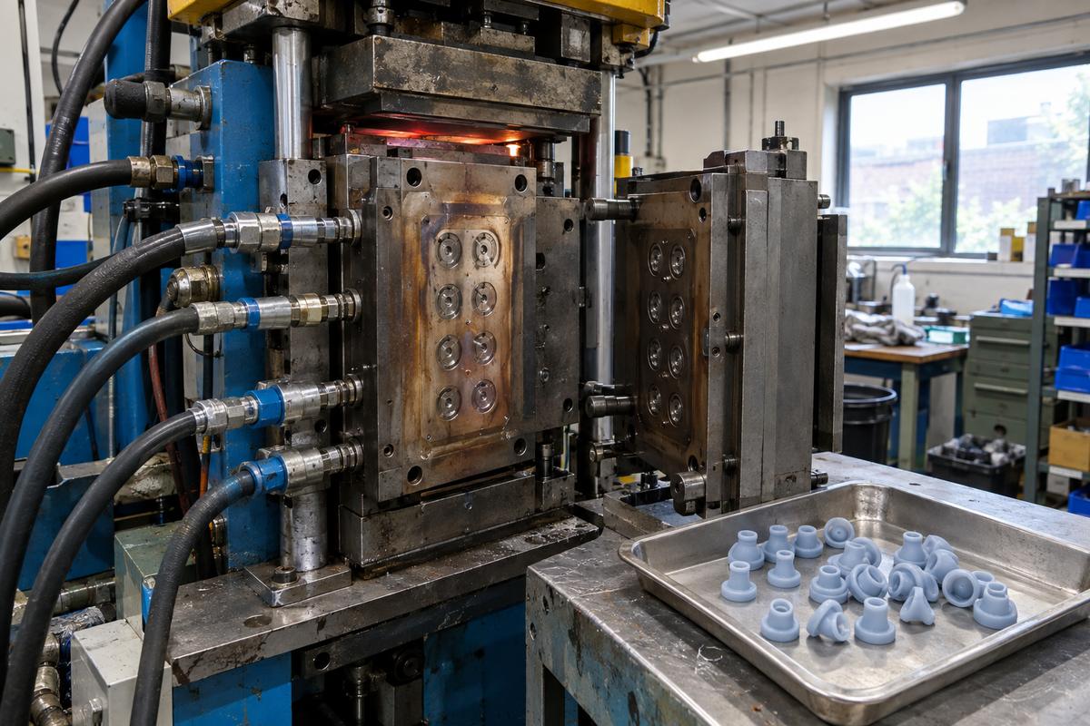 Open LSR mould tool with finished silicone parts on tray