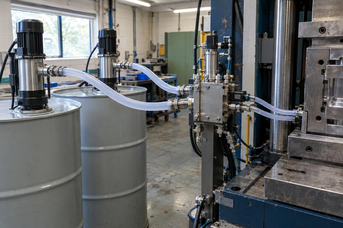 LSR dosing pumps and hoses feeding silicone into a moulding press