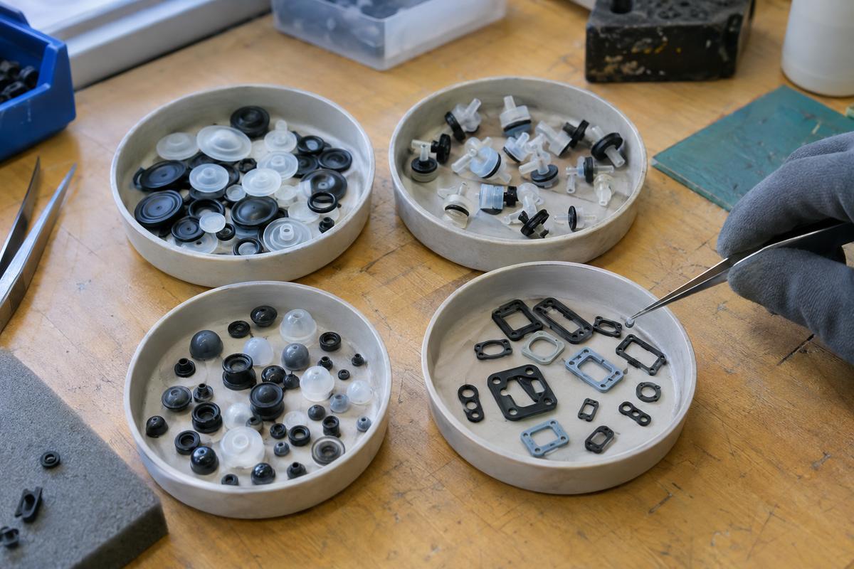 Tiny LSR seals, valves, domes and micro gaskets on trays