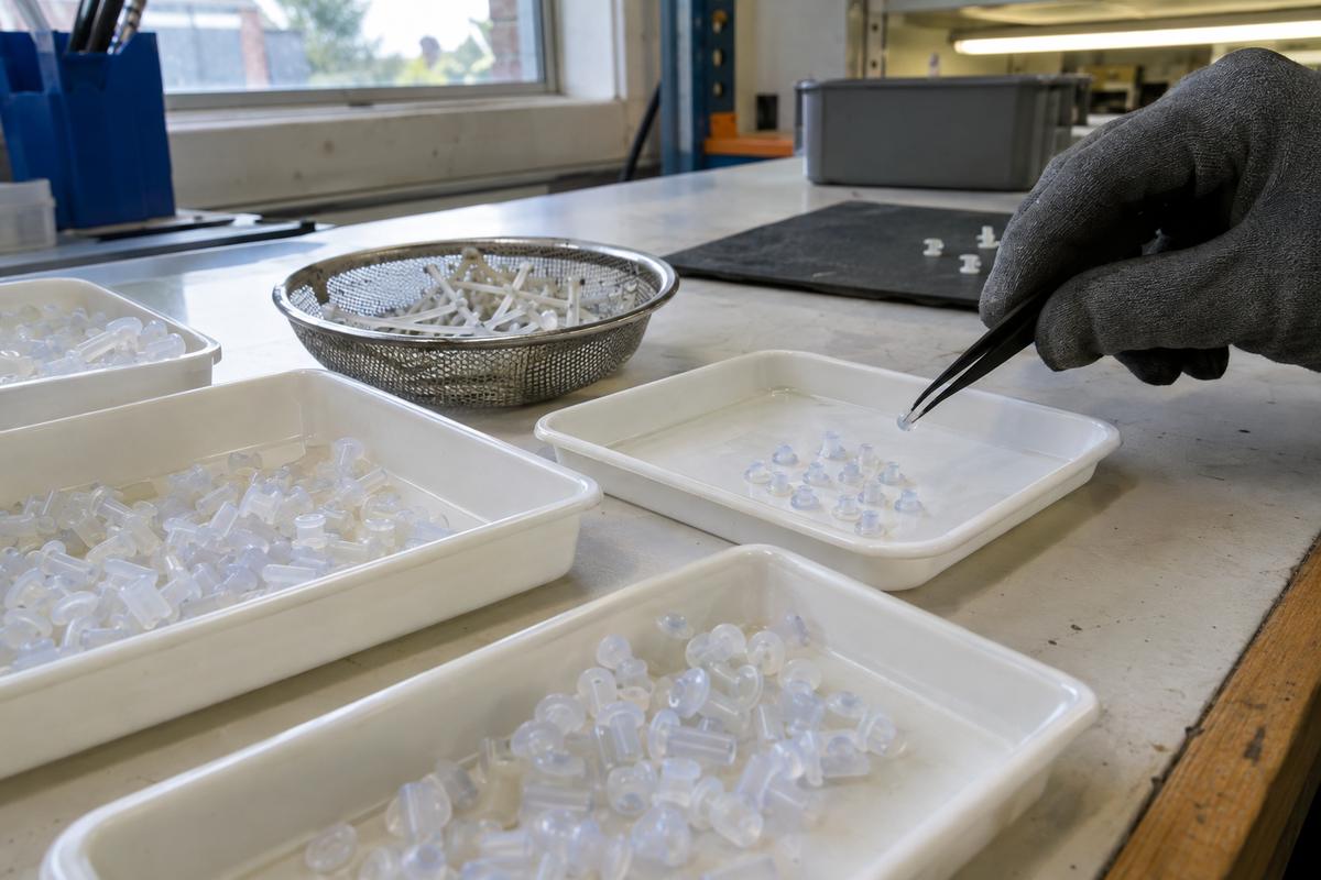Tiny silicone parts being separated into trays with tweezers