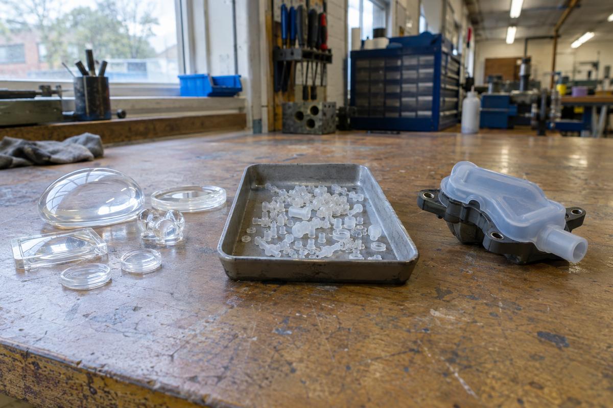 Clear LSR parts, micro components and overmoulded samples side by side