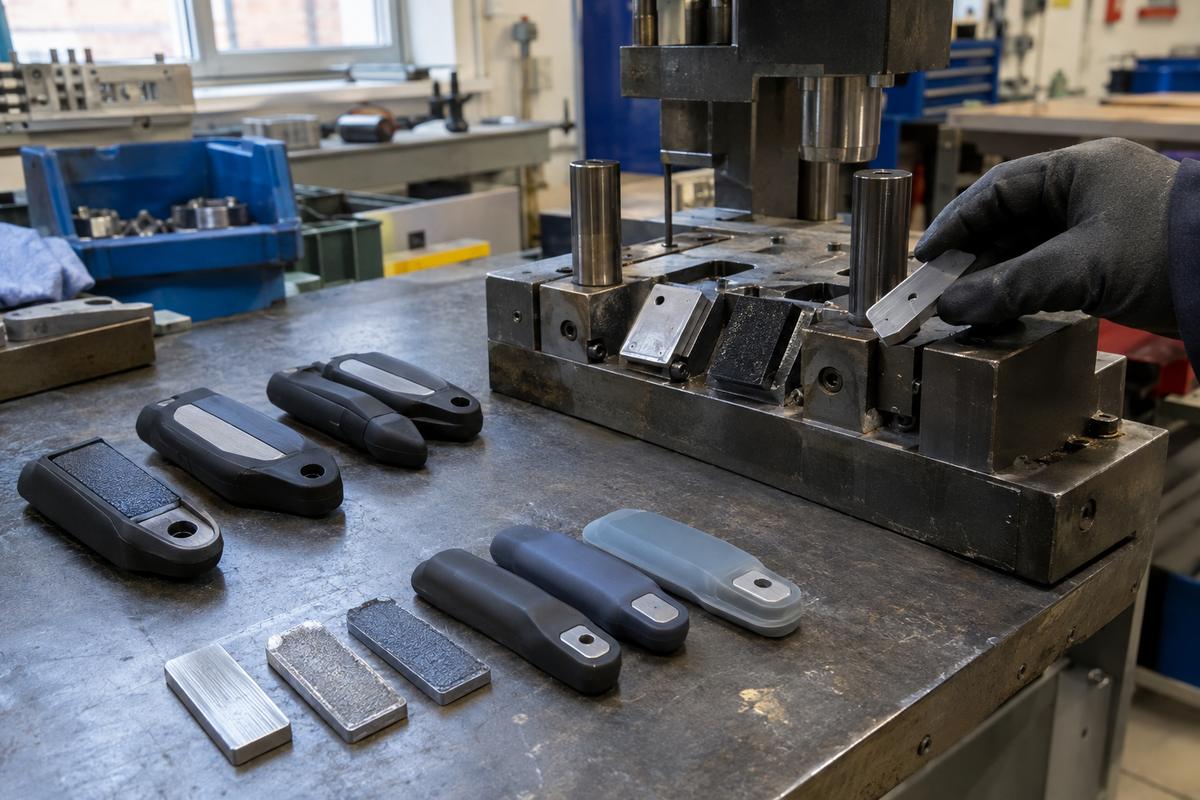 Prepared inserts and bonded silicone overmoulded samples at tool bench