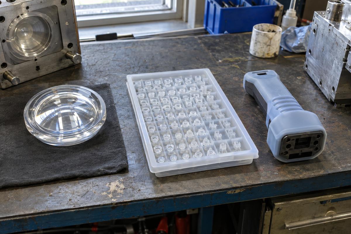 Optical LSR sample, micro parts and overmoulded insert comparison