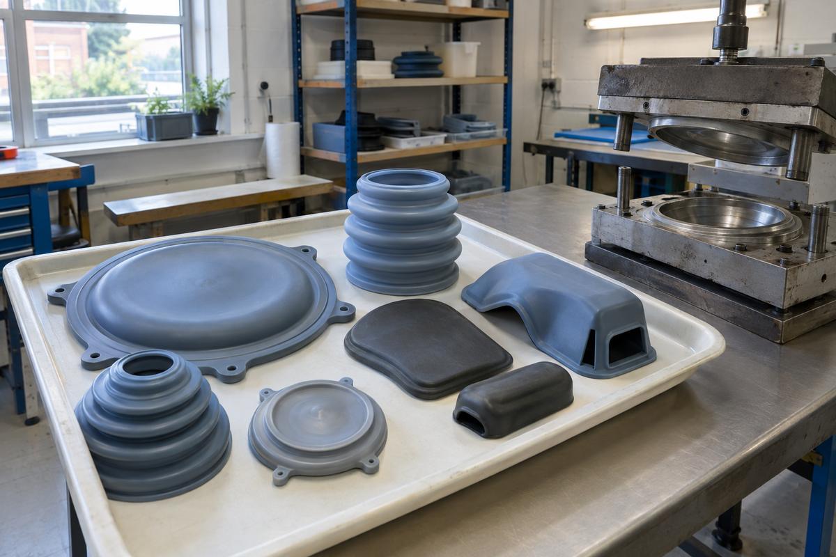 Larger medical silicone diaphragms, bellows and pads beside compression tool