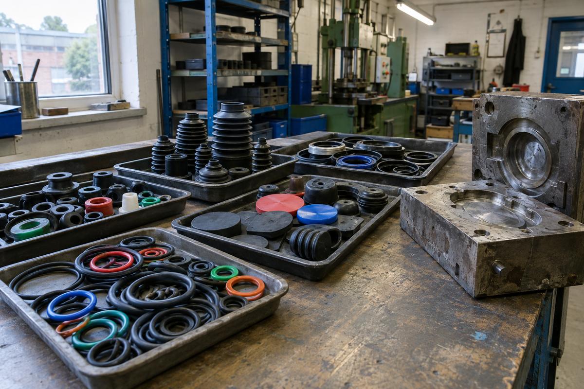 Compression-moulded O-rings, bellows, pads and seals on workshop trays