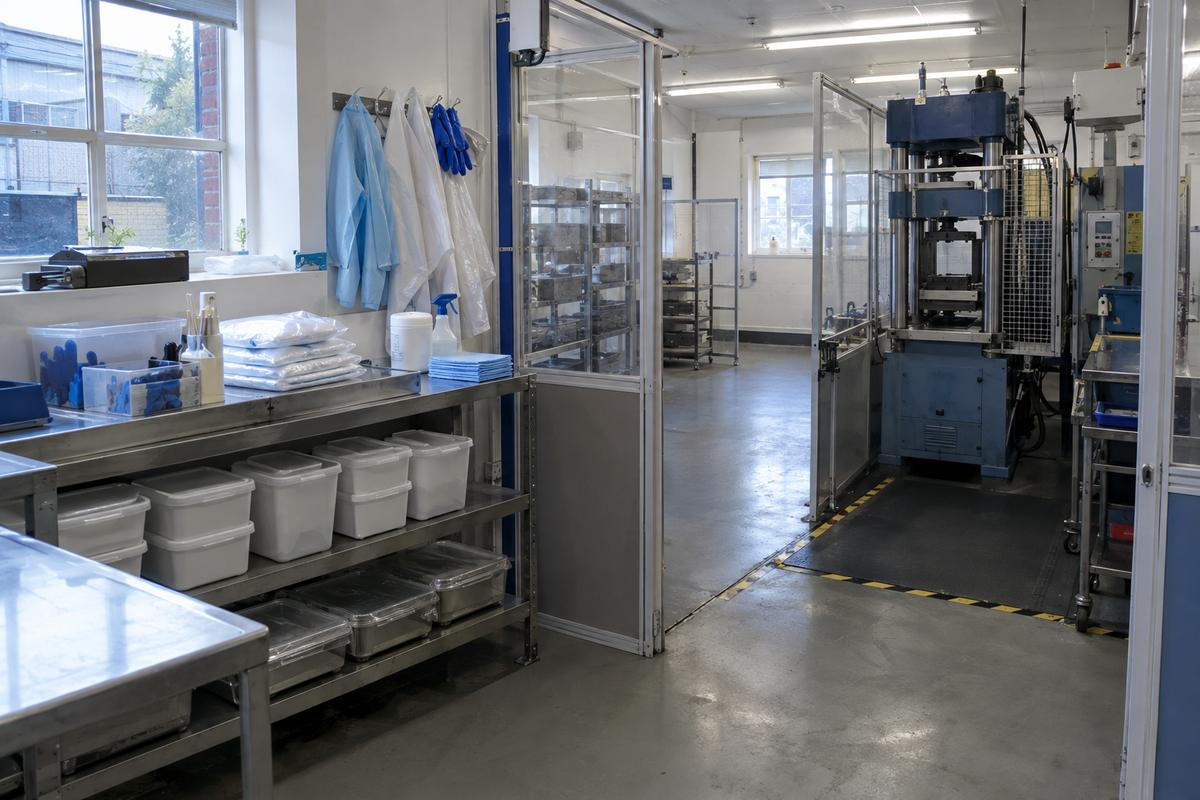 Segregated medical-grade moulding area with cleaning and handling supplies