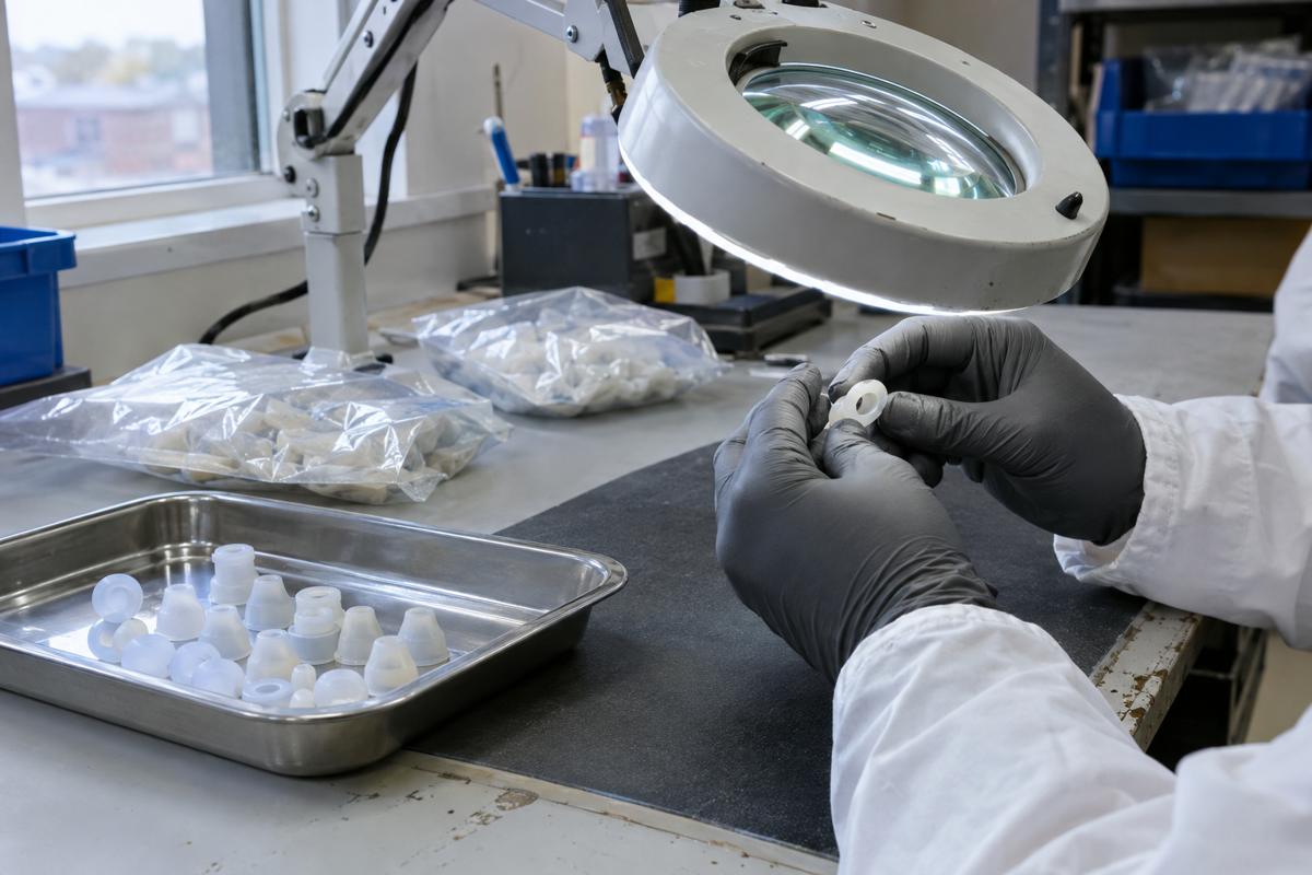 Gloved hands inspecting small medical silicone parts under a bench magnifier
