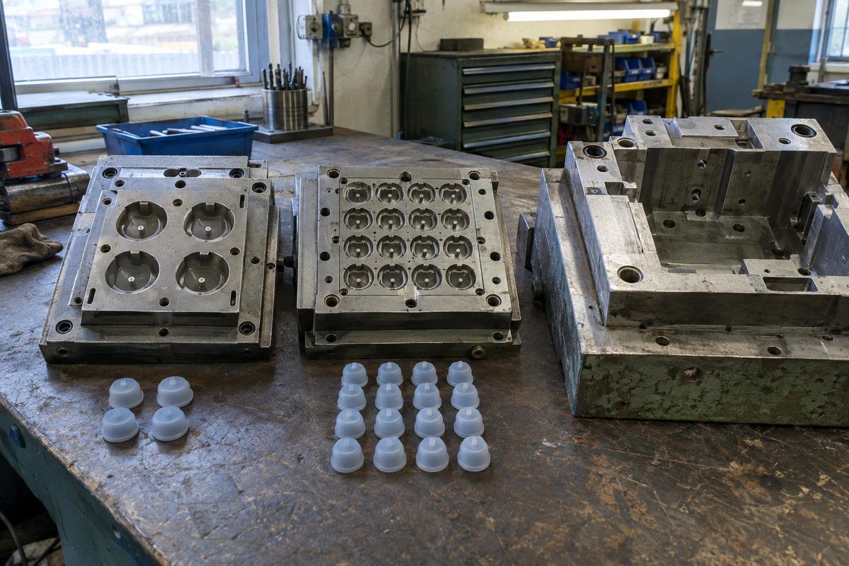 Four and sixteen cavity tool layouts compared on bench