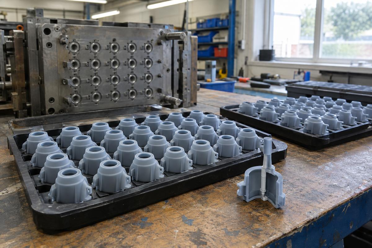 Trays of repeated HCR silicone parts from multi-cavity production