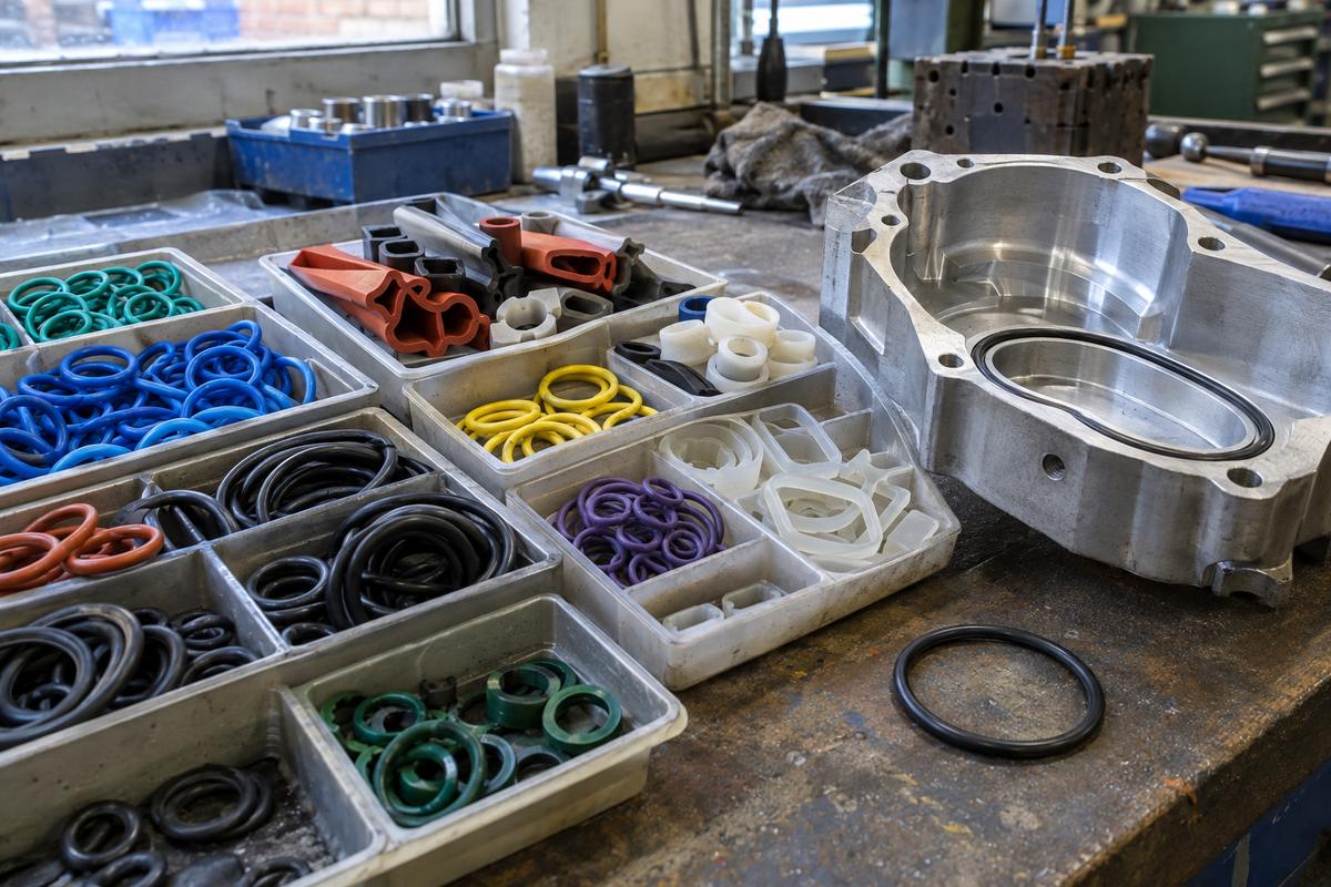 Custom coloured O-rings beside a machined housing groove on a workshop bench