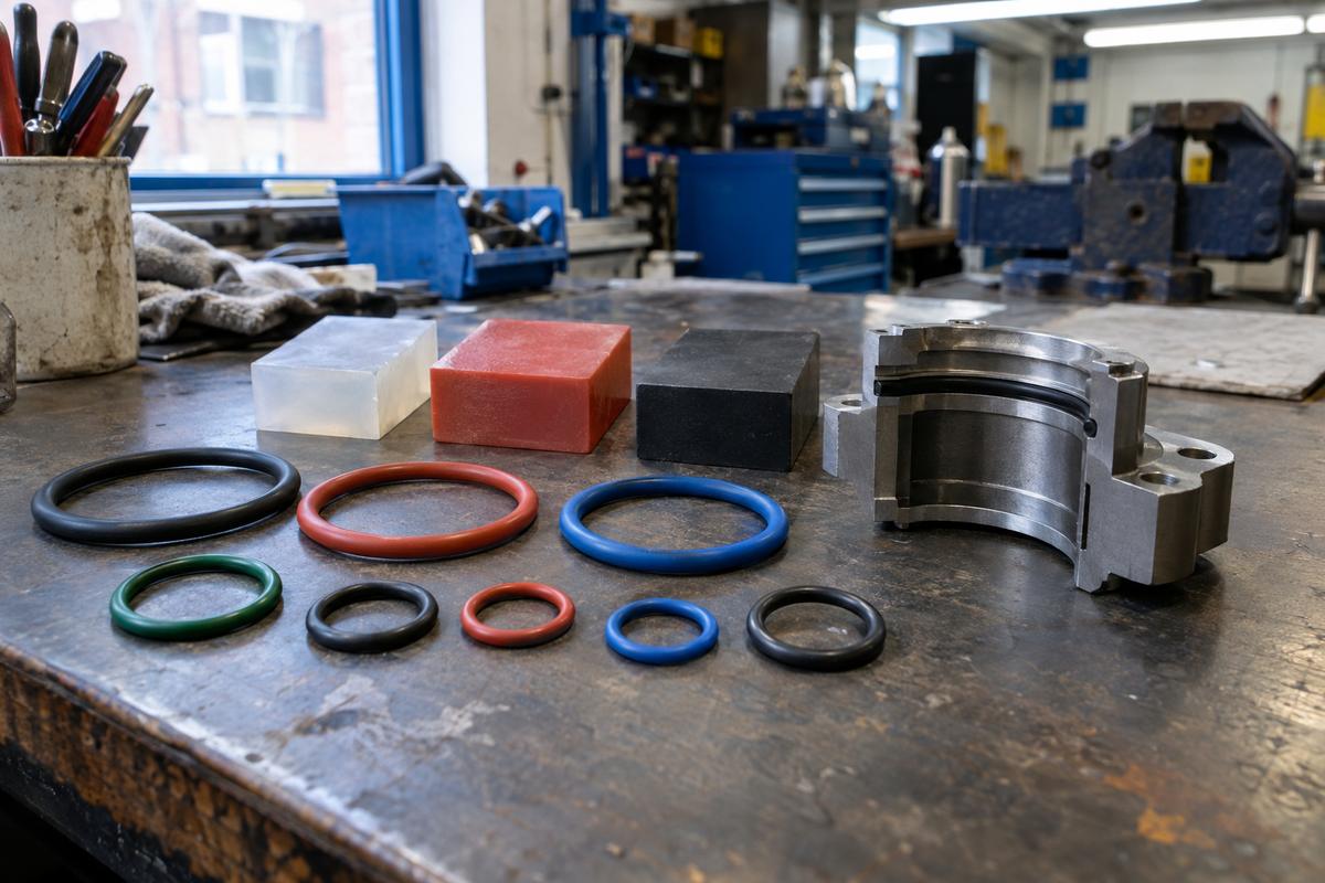 Different O-ring compounds and colours beside a grooved housing sample