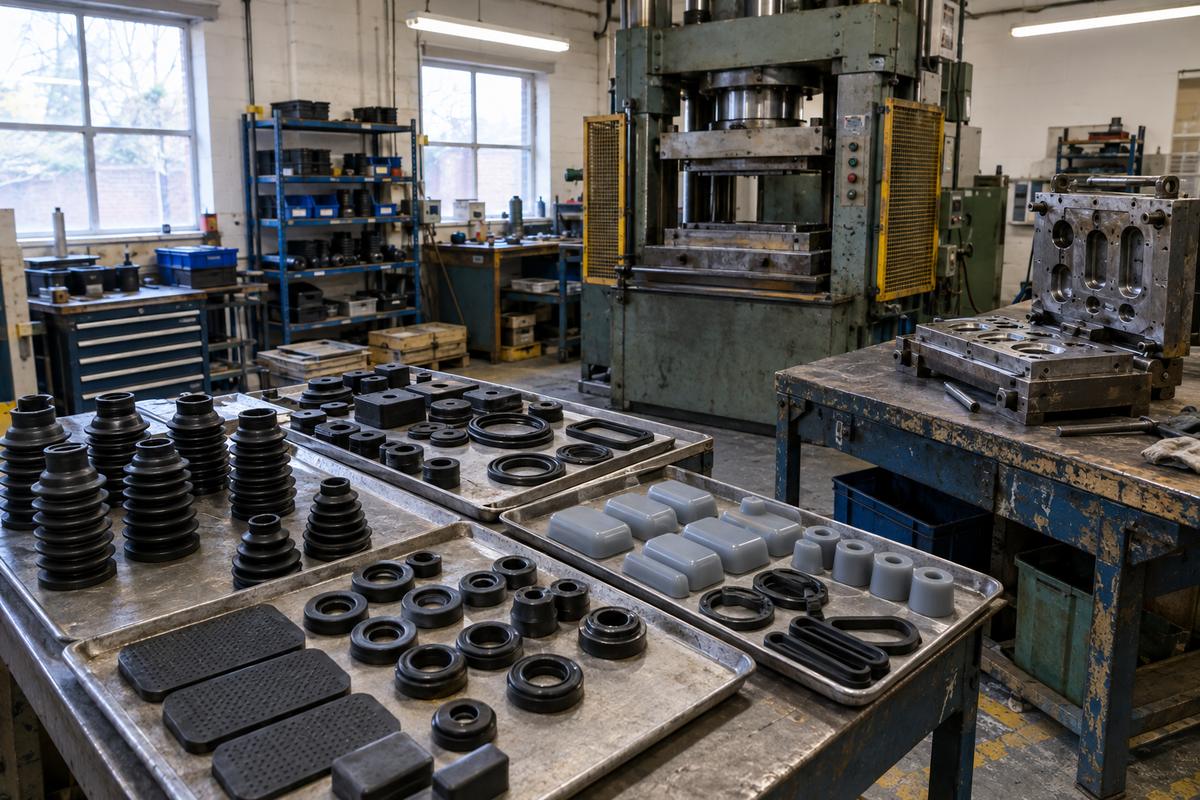 Compression-moulded silicone and rubber parts on trays beside workshop presses