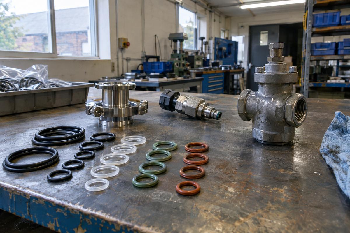 Custom O-rings beside fittings for food, fuel and water service