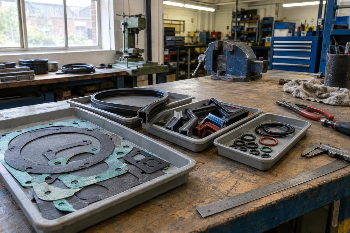 Mixed gasket and seal types displayed on a practical workshop bench