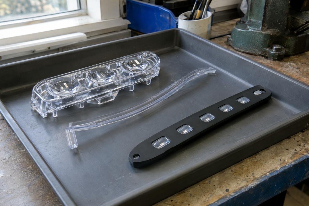 Clear LSR lens, light guide and keypad window components in a tray