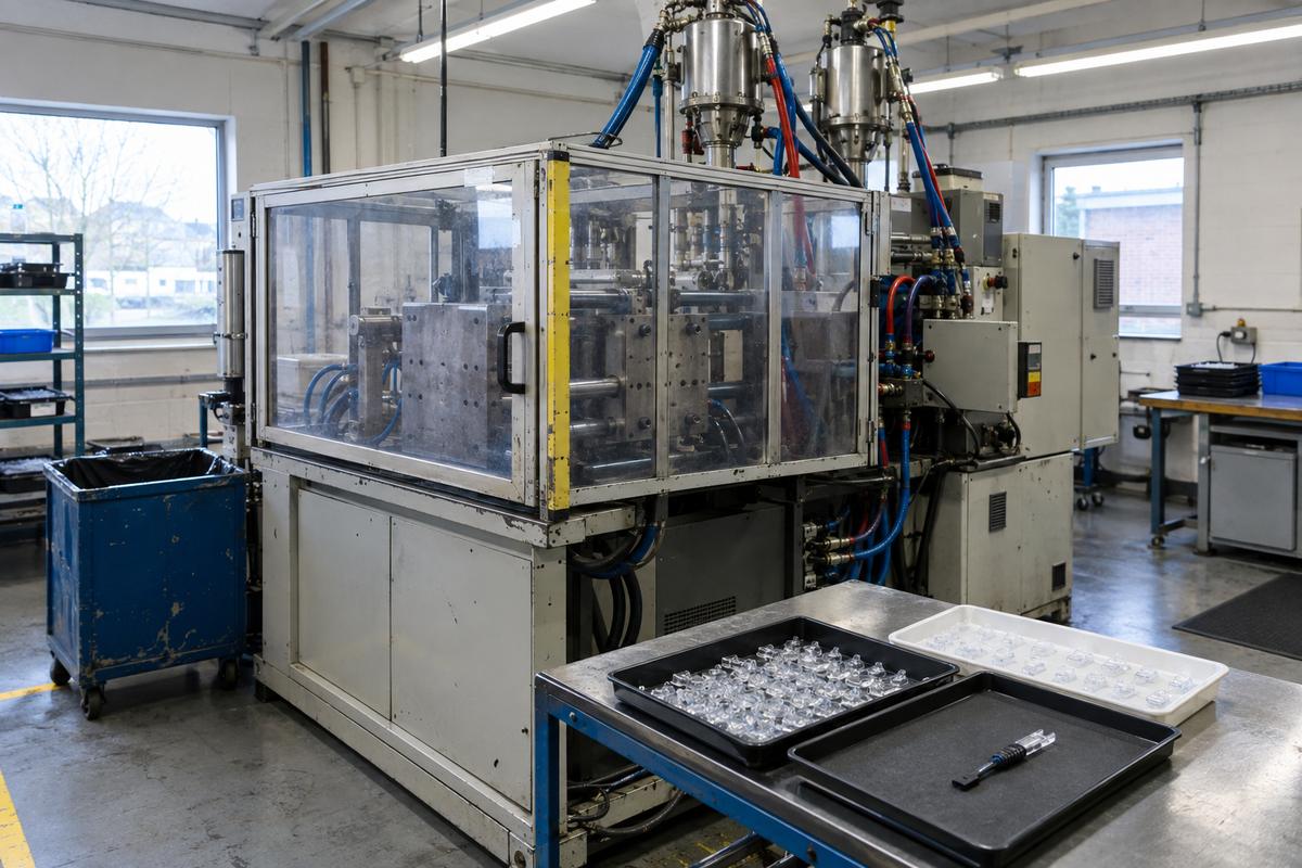 LSR injection cell with trays of clear and overmoulded silicone parts