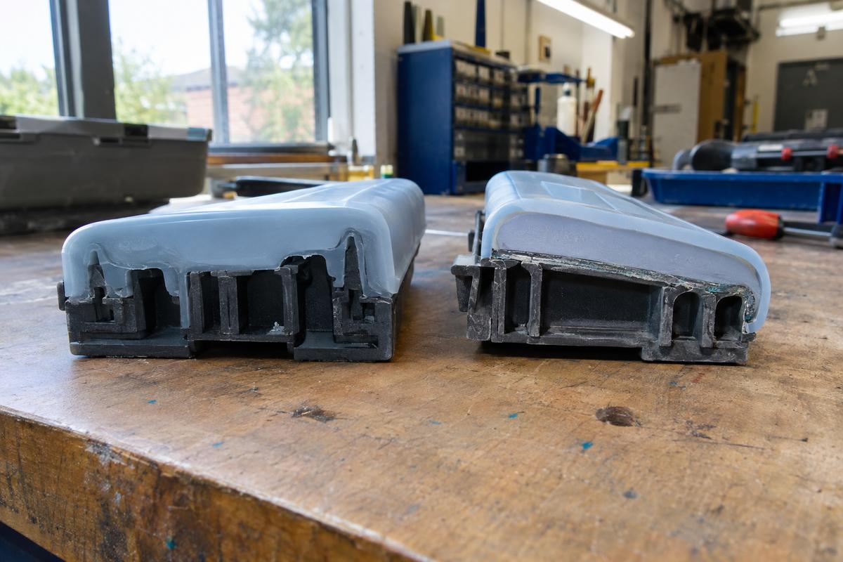Close-up comparison of overmoulded bond and separate bonded silicone assembly