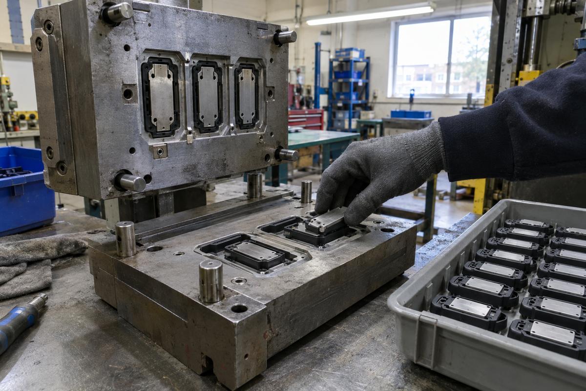 Gloved hand loading a substrate into an overmoulding tool cavity