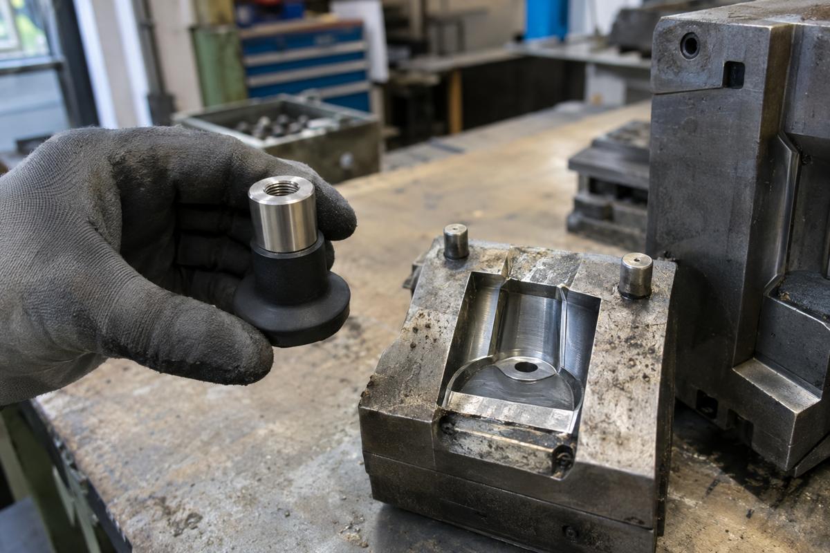 Gloved hand holding overmoulded metal part beside matching steel tool cavity