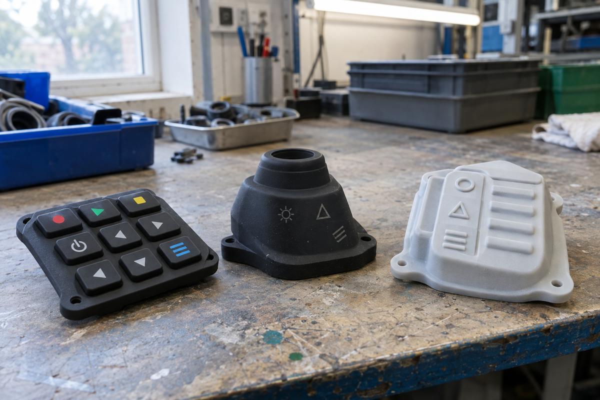 Three silicone parts showing pad printed, laser marked and moulded markings
