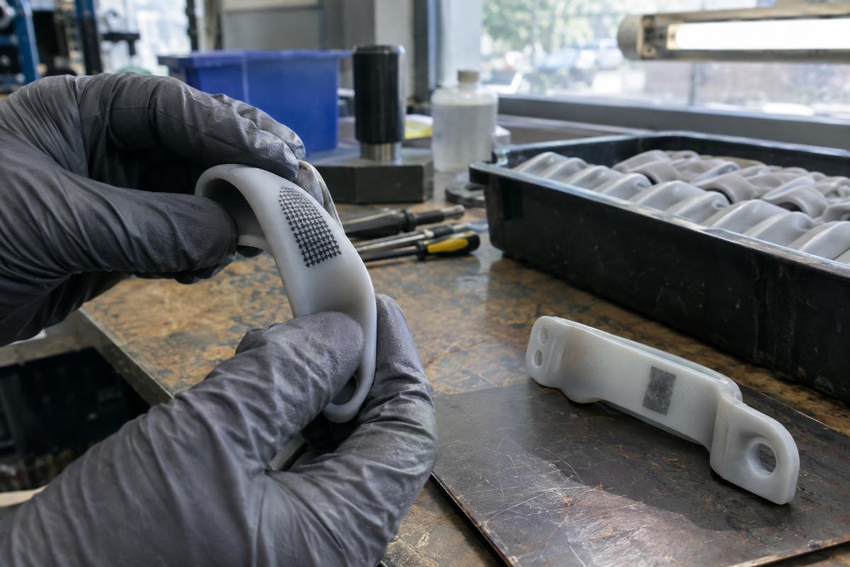 Gloved hand flexing a marked silicone part beside a laser marked sample