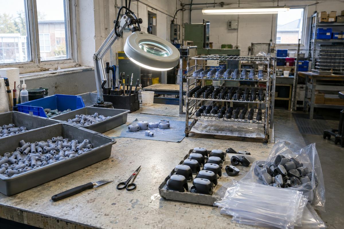Finishing bench with trimmed inspected and assembled silicone parts