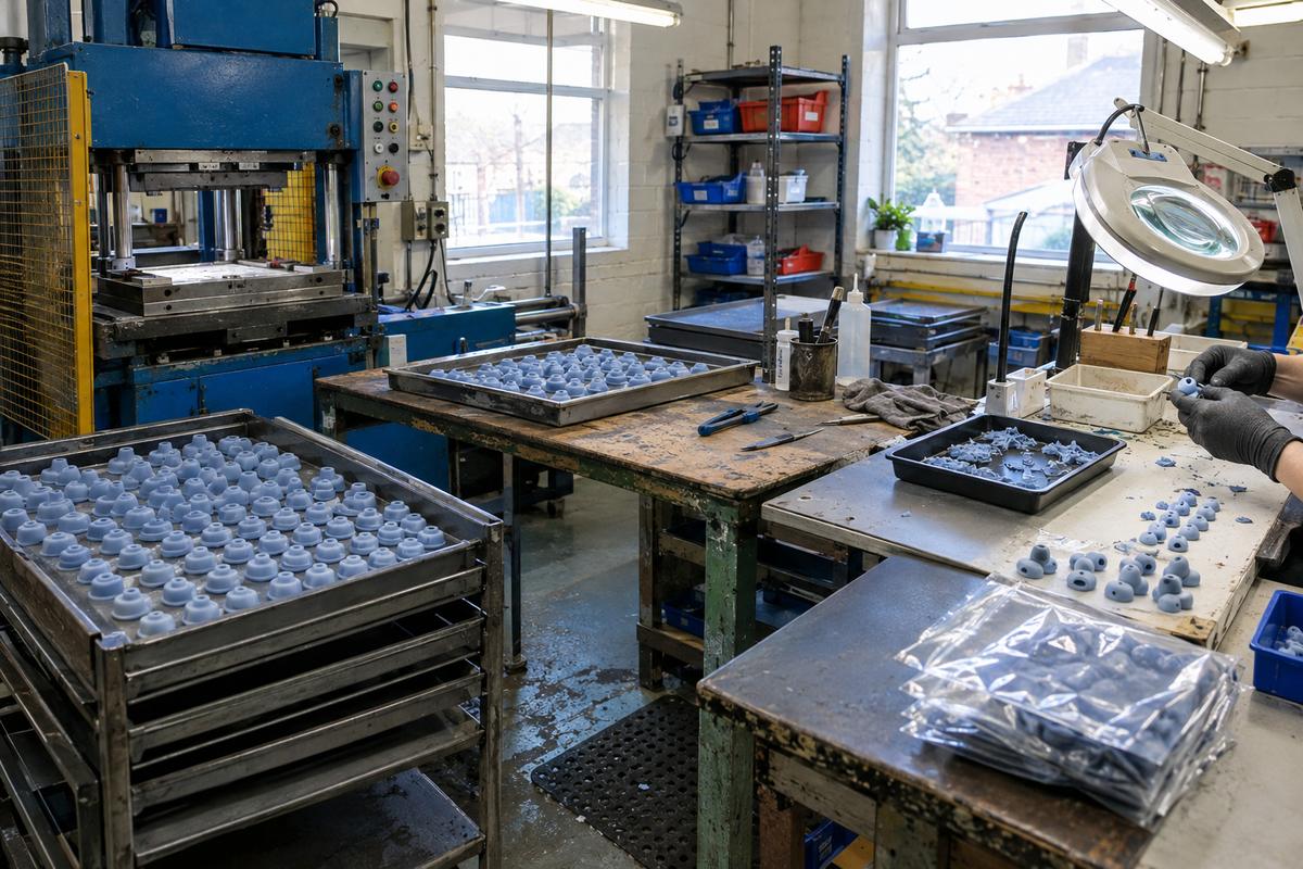 Finishing cell next to moulding cell with parts moving through stages