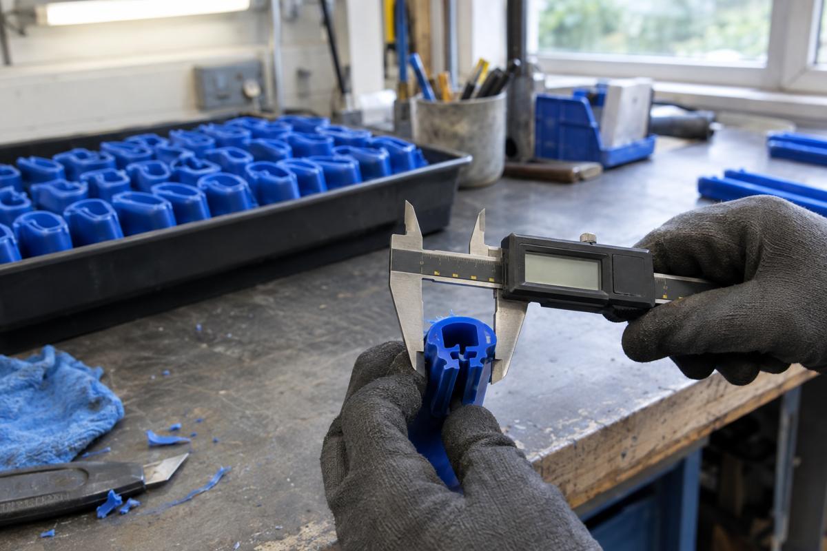 Digital calipers checking the section of a blue silicone seal