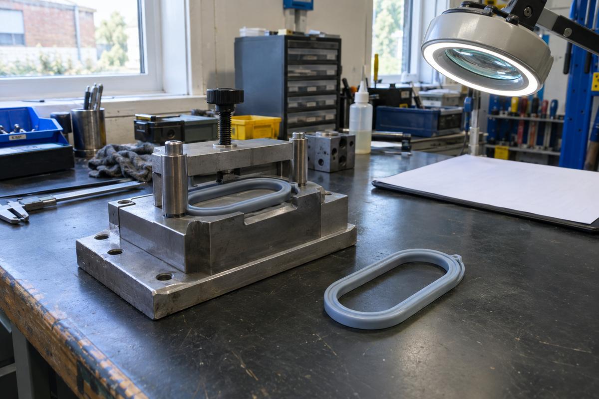 Flexible silicone seal in a checking fixture beside a free state sample