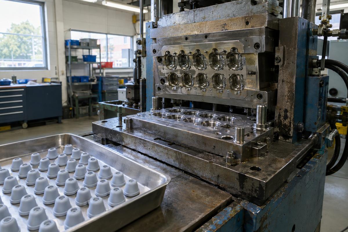 Open multi cavity steel tool beside tray of identical silicone parts