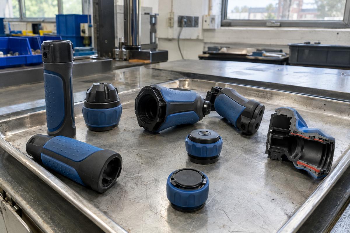 Rigid plastic parts with soft overmoulded grips and sealing edges