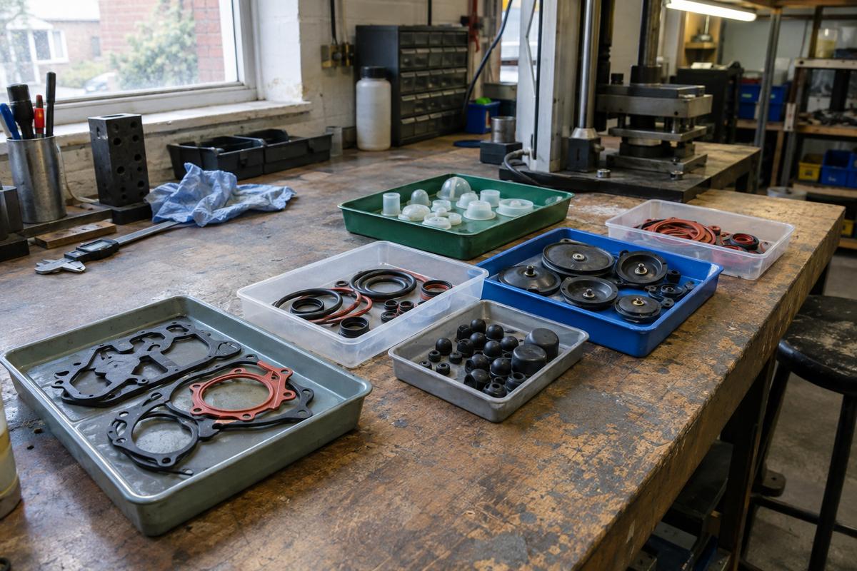 Small trays holding modest batches of varied silicone service parts