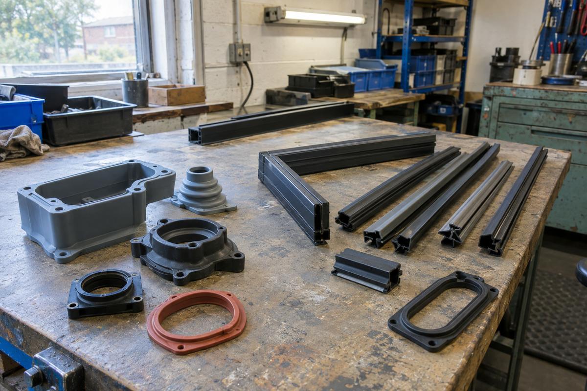 Joined silicone seal frames inspected beside related moulded components