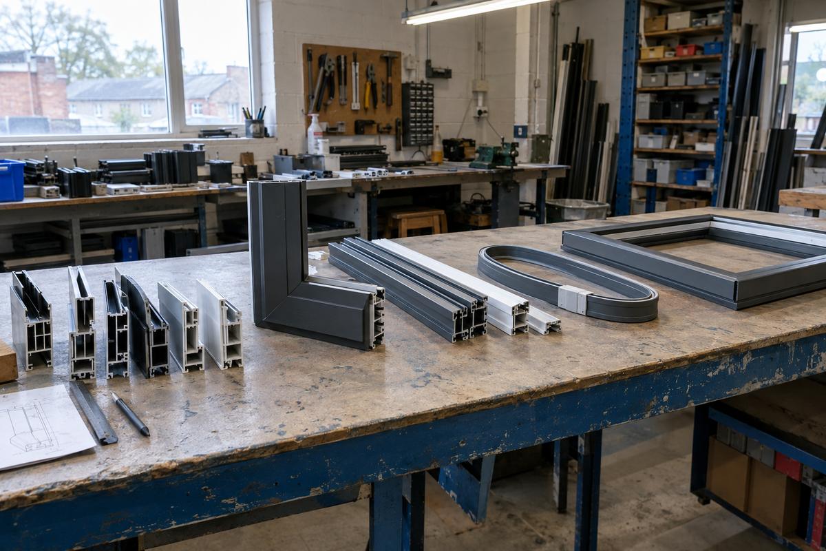 Extruded profile samples, joined sections and seal frames laid out for checking