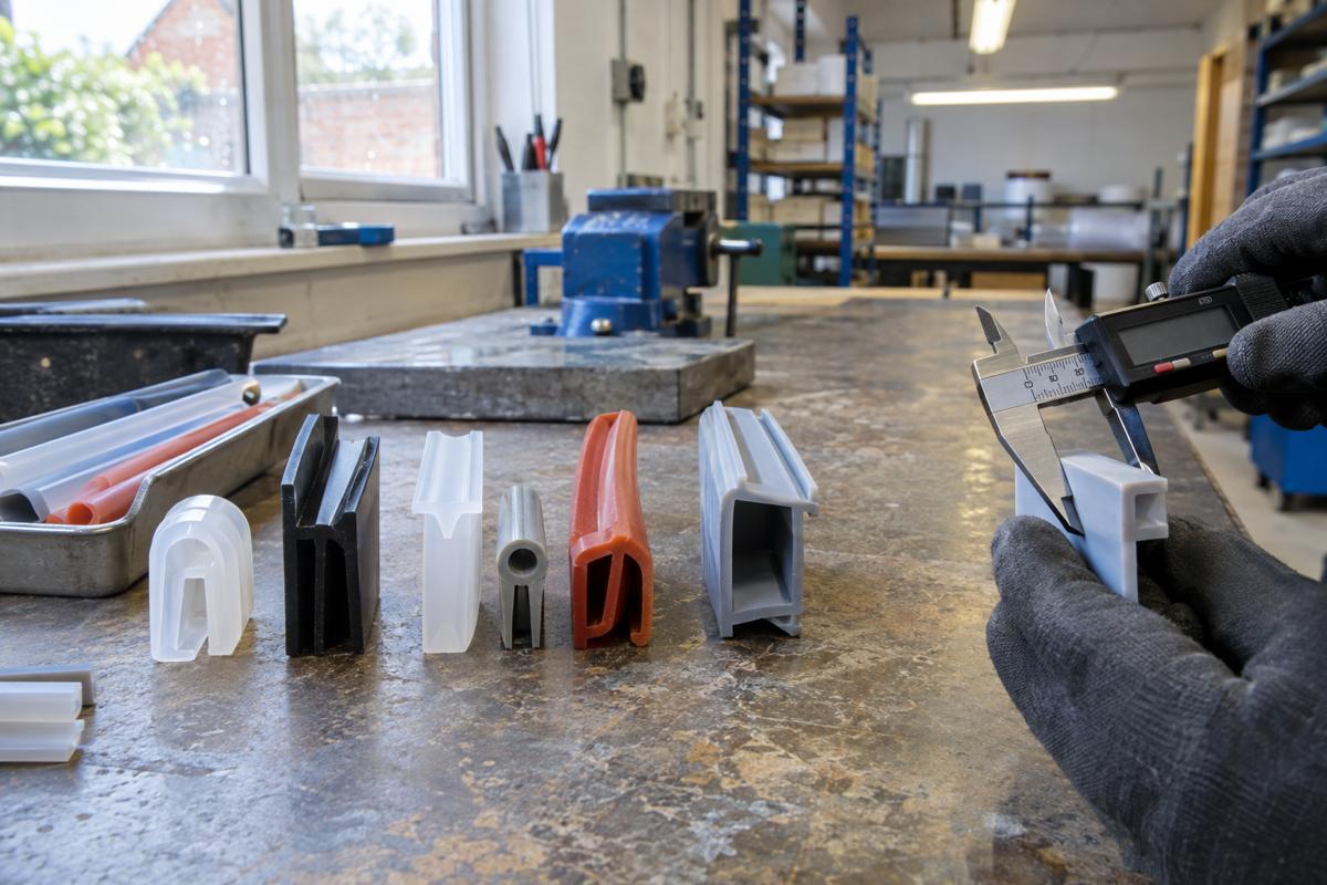 Sample silicone extrusion profiles being checked with calipers on a bench