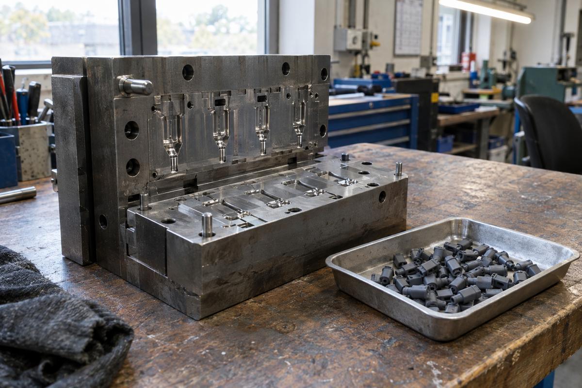 Heavy steel injection tool beside a small tray of silicone parts