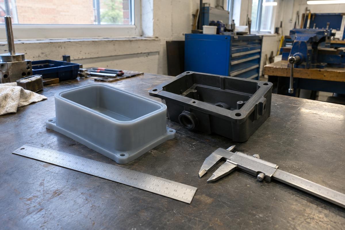Bench setup showing mouldable silicone part design and fit checks