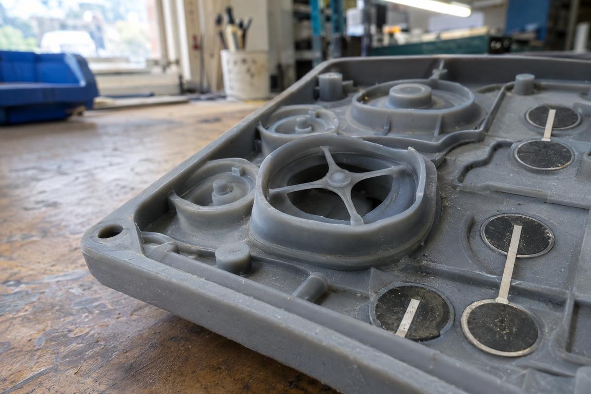 Underside of silicone keypad showing tactile web and sealing skirt