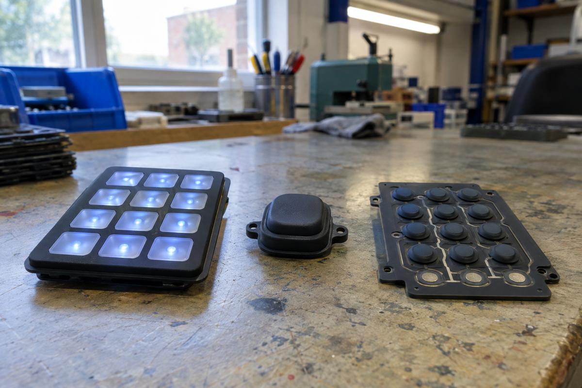 Backlit keys, single buttons and keypad mats on an inspection bench