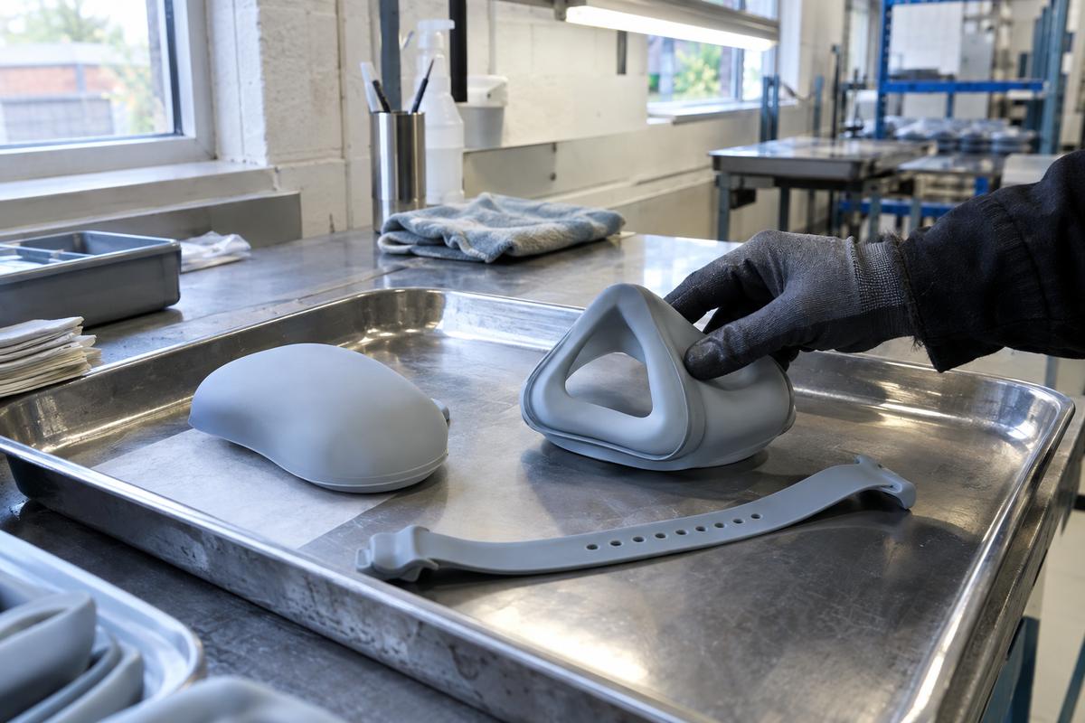 Gloved hand inspecting clean silicone skin-contact parts on a stainless tray