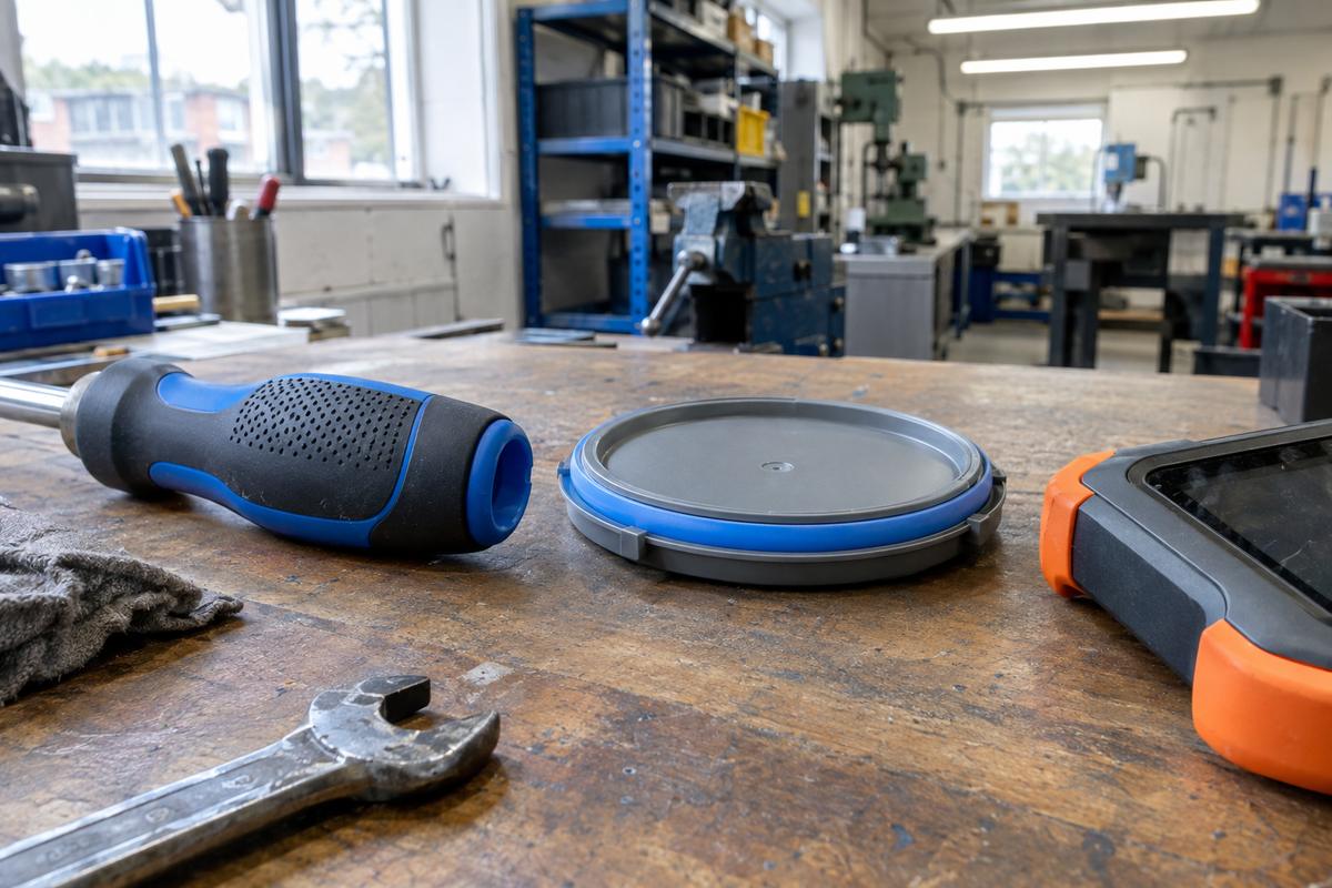 Examples of silicone overmoulding on grips, a lid seal and bumper edge