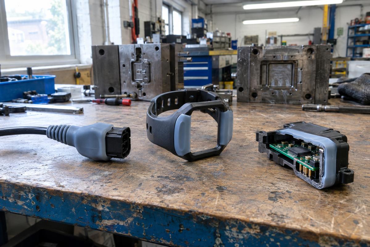 Cable, wearable frame and electronics housing with silicone overmoulded features
