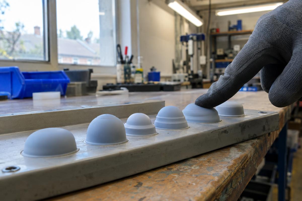 Gloved finger testing silicone dome button samples with different shapes