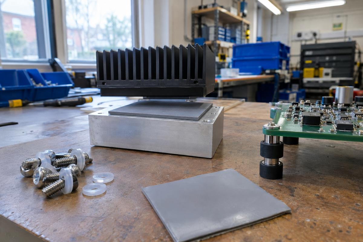 Insulating washers, thermal pad and isolation mounts on an electronics bench