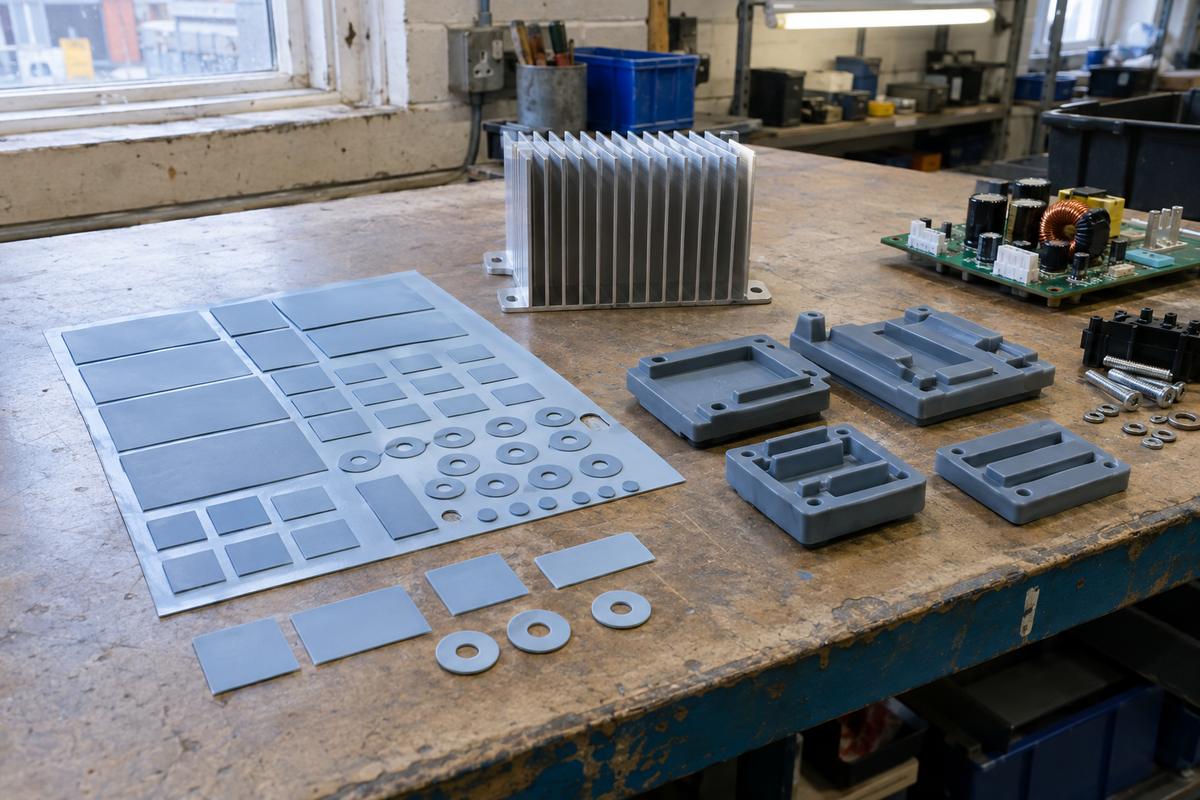 Sheet-cut and moulded silicone pads beside heatsink components