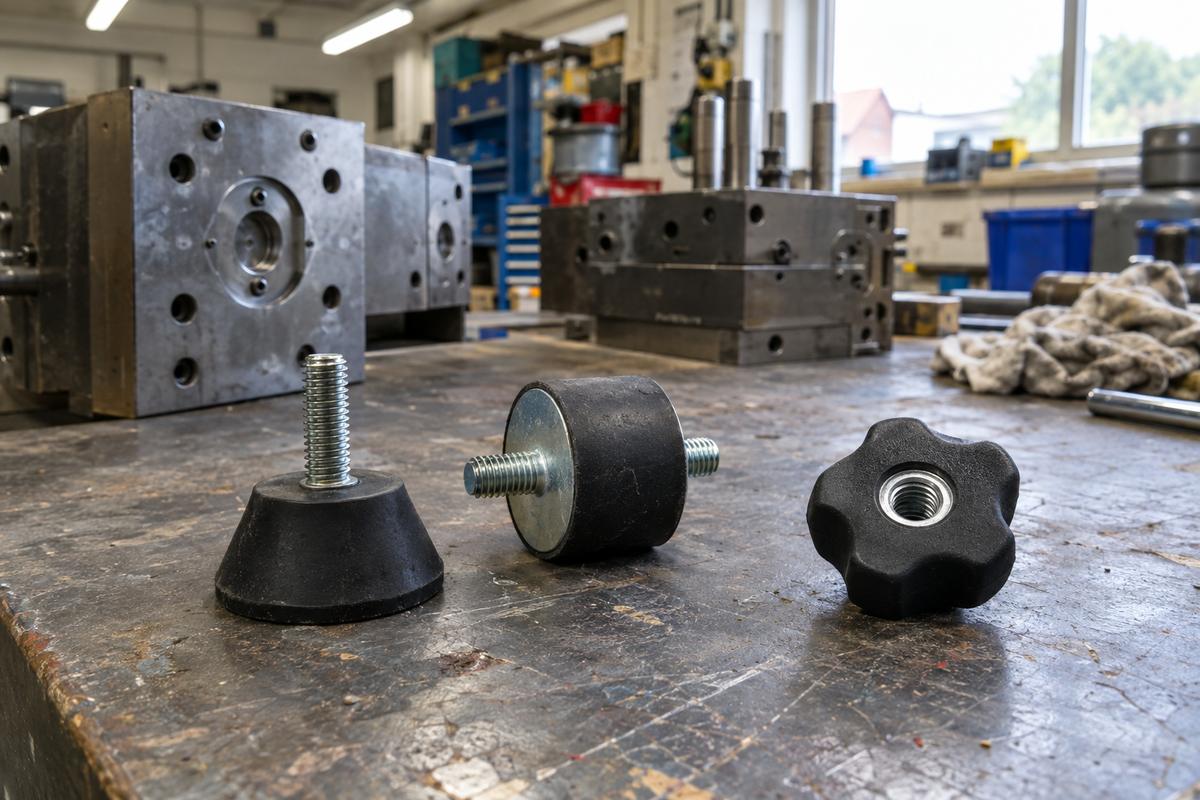 Rubber foot, anti-vibration mount and knob with moulded threaded inserts