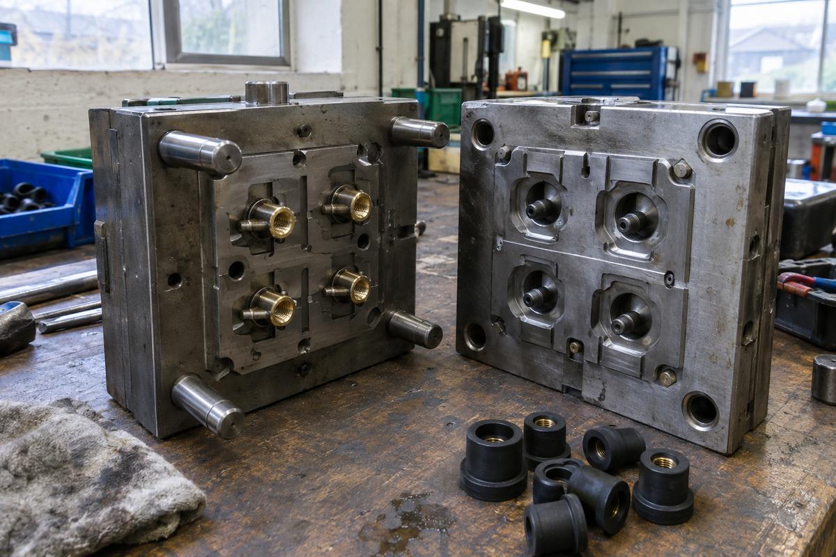 Open mould tool holding threaded inserts on locating pins