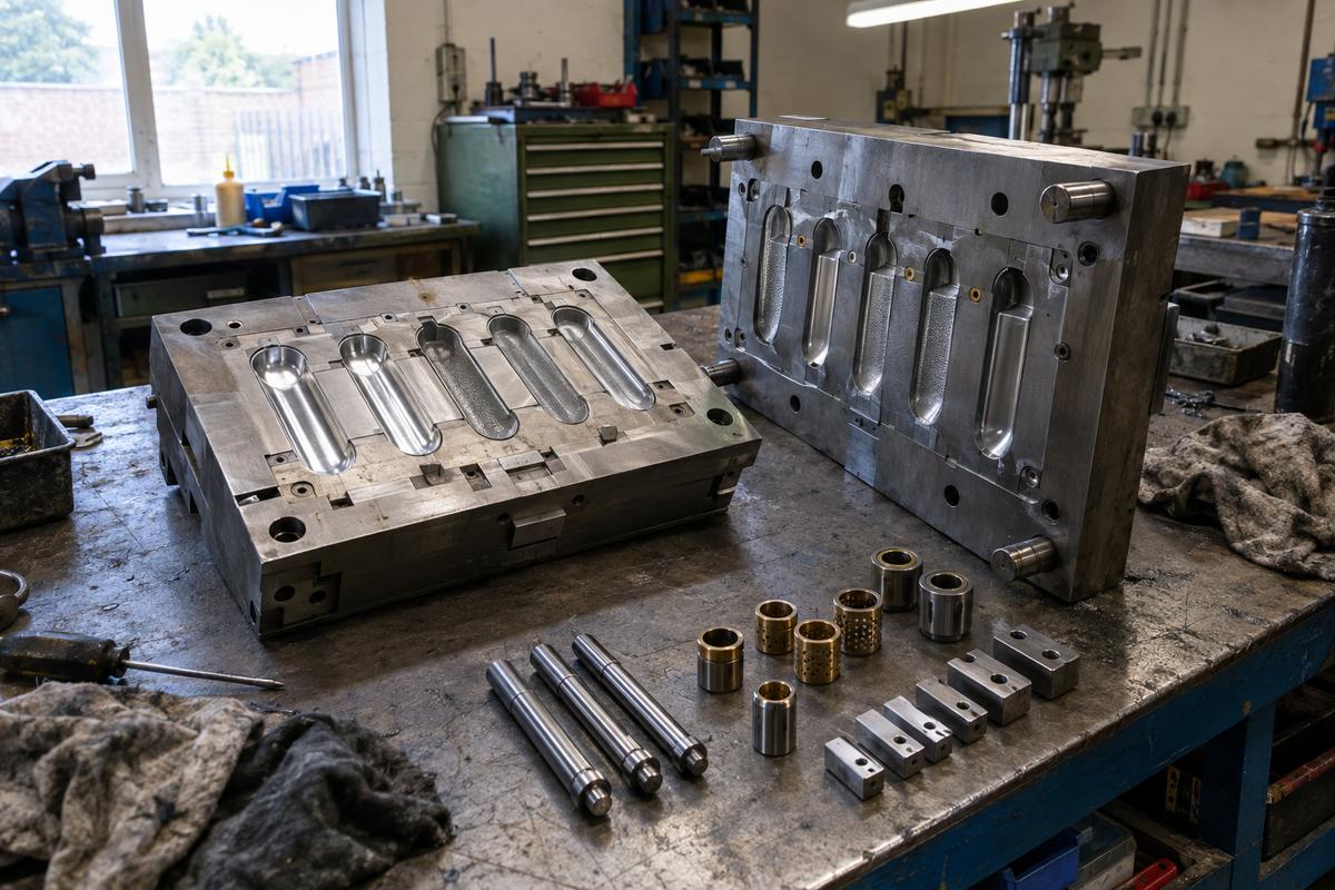 Refurbished steel mould tool with restored cavities and replacement components on bench